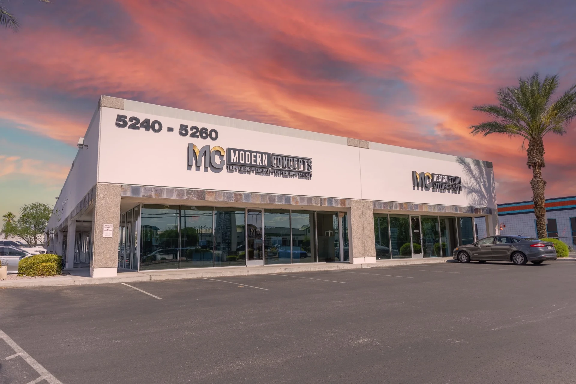 Modern Concepts Design showroom exterior in Las Vegas at sunset